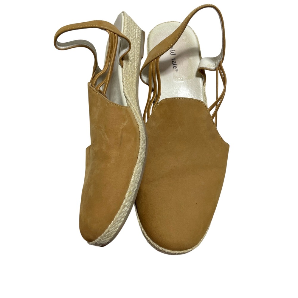 David Tate 12 M Nelly Slides Leather Tan 1.5 Heel Espadrille Wedge Slingback